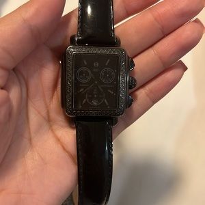 Michele black deco watch with diamond face